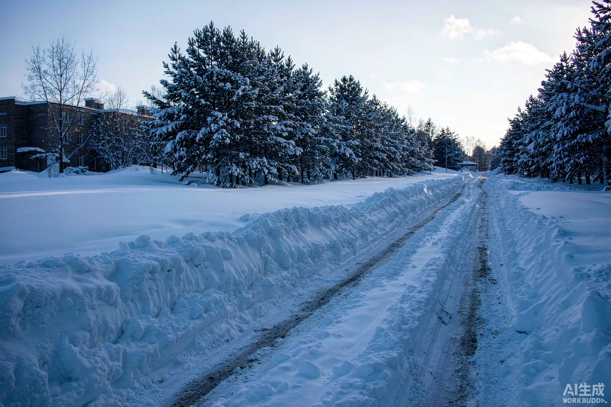 Freshly ploughed access road through a snowy capsule home park with snow banks and pine trees