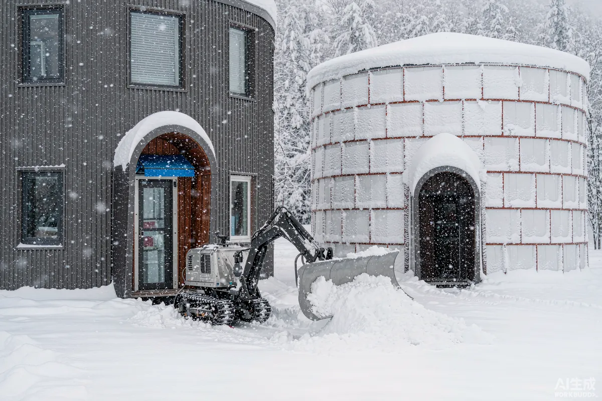 Small tracked snow clearing machine opening a footpath between two cylindrical prefab homes in falling snow