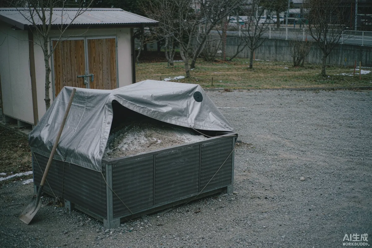 Covered grit and salt storage bin beside a small park maintenance shed in winter with a shovel leaning against it