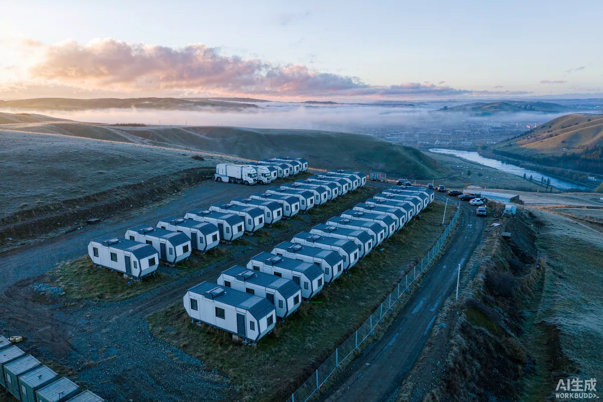 Aerial dawn view of a row of capsule homes arranged as remote workforce accommodation along a gravel road