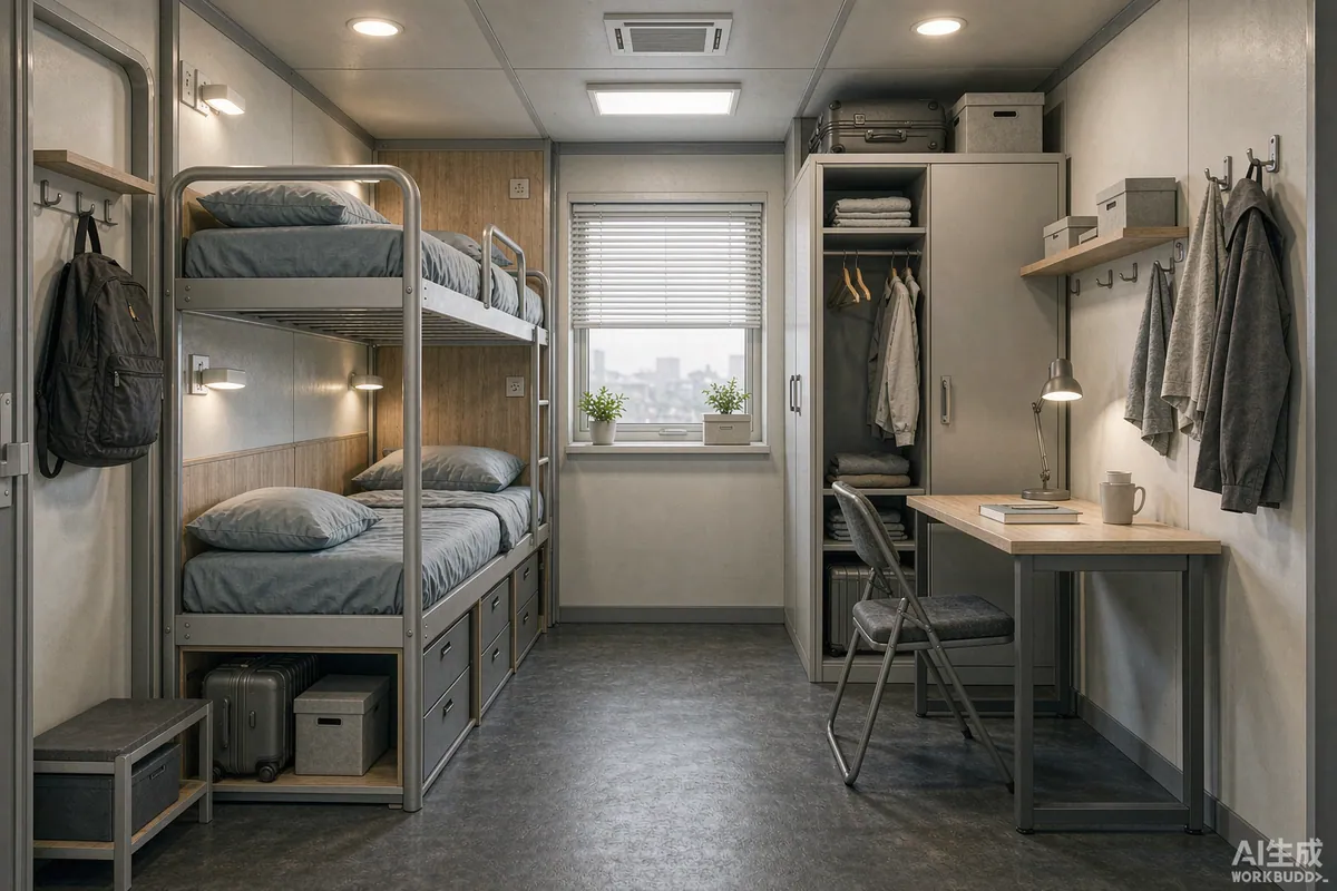 Interior of a compact worker accommodation capsule with two single beds, desk and wardrobe