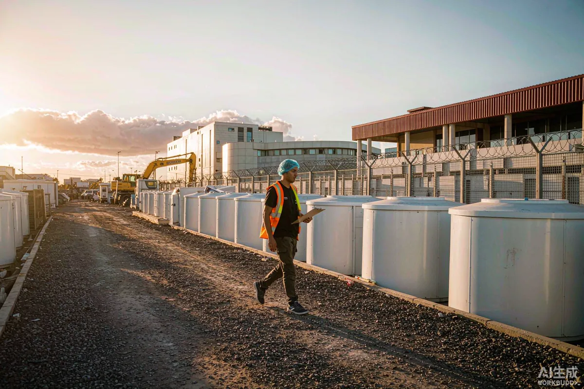 Site supervisor in high visibility vest walking past capsule accommodation units on a gravel path