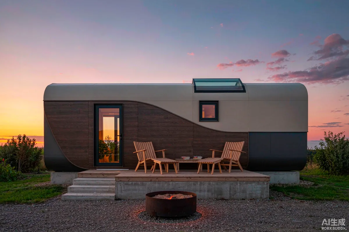 Vacation rental photograph of a capsule home at dusk with warm interior light and a car parked outside