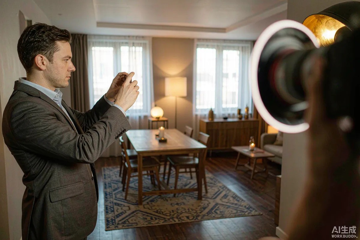 Host holding a phone while photographing a capsule unit for a rental listing