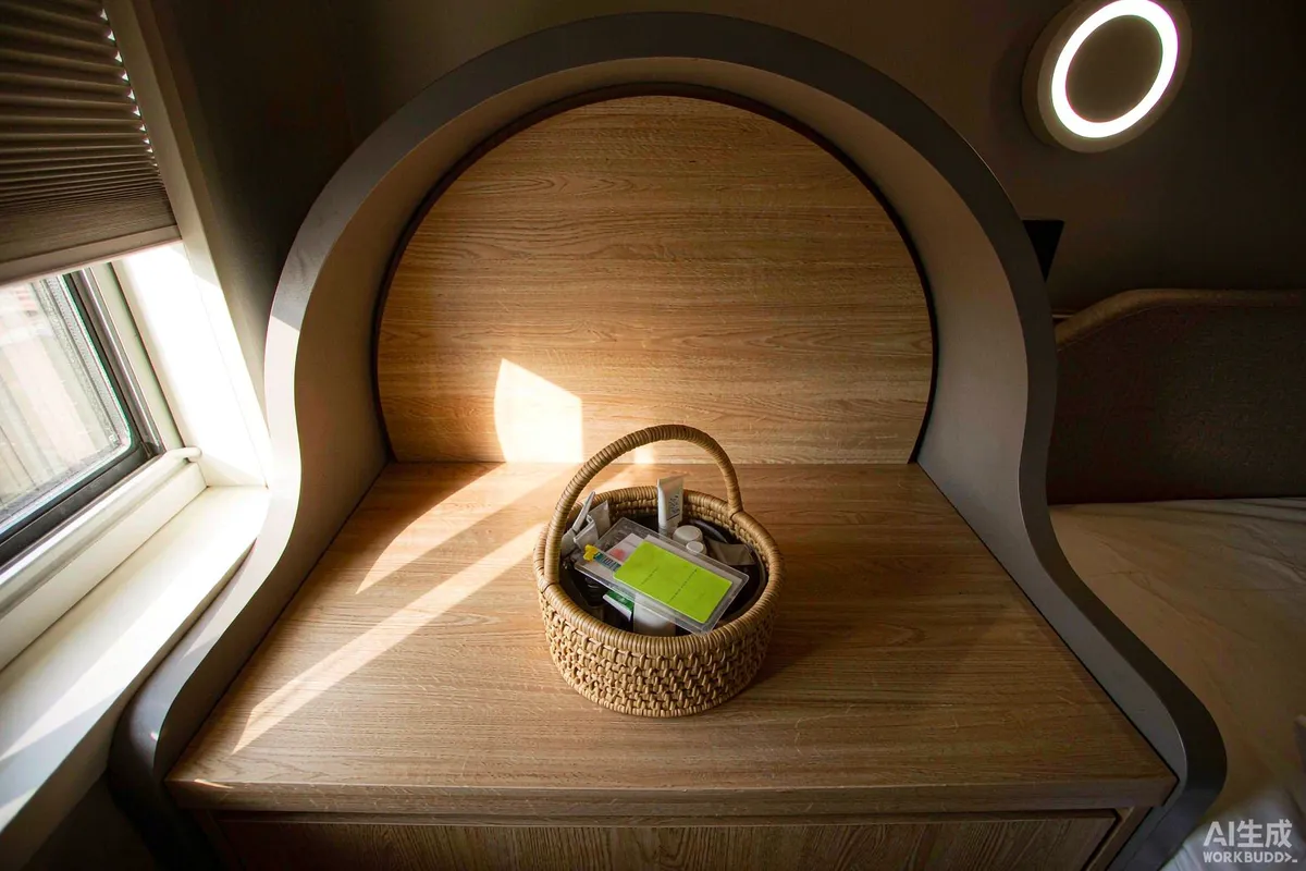 Welcome basket and key card on a table inside a capsule rental unit