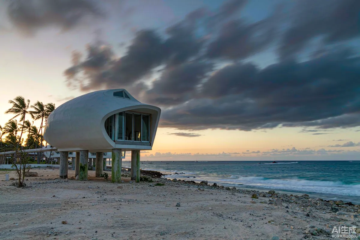 Modular pod house standing on concrete piers above coral sand on a Philippine coastline at dawn with bending coconut palms