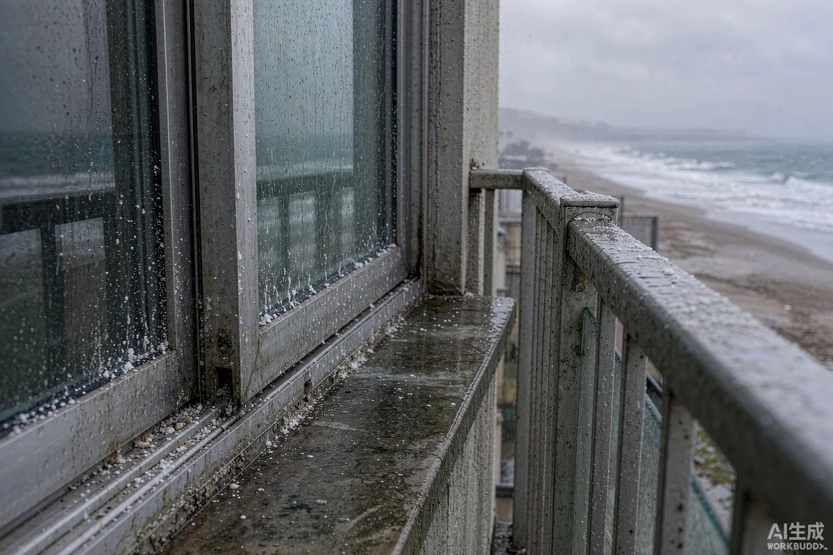 Marine grade aluminium window frame and railing showing dried sea salt residue after a storm