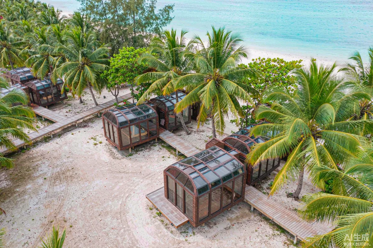 Elevated modular capsule cabins on piers along a palm fringed Philippine island resort pathway