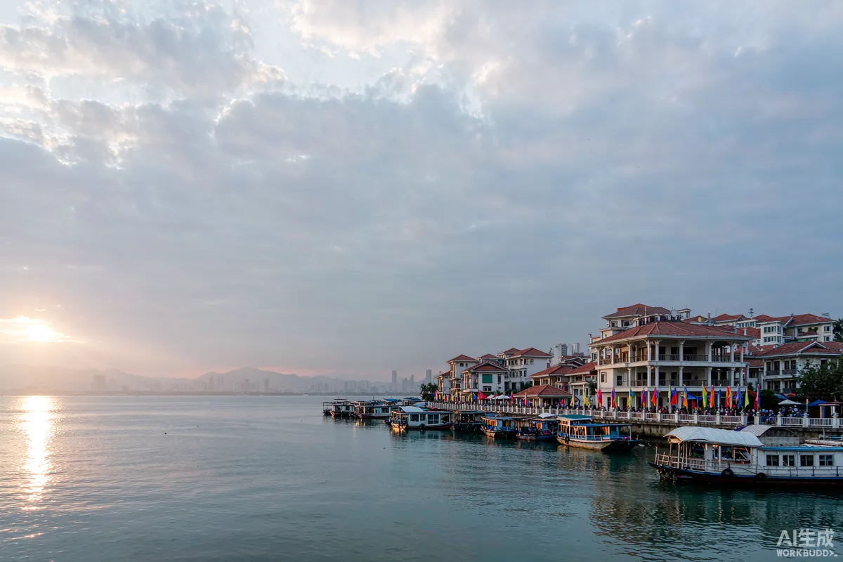 Manila bay waterfront at sunrise with tropical haze over low rise buildings and moored boats