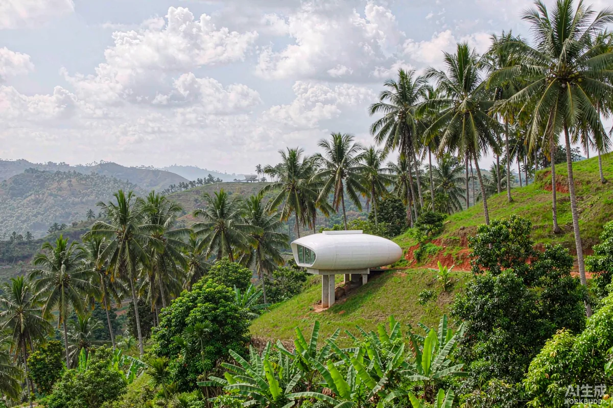 Capsule house set on concrete piers on a tropical hillside among coconut palms