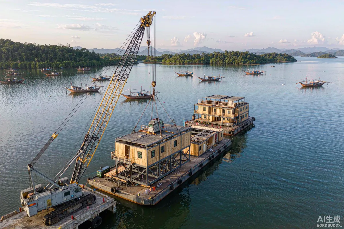 Harbour crane lowering a modular house unit onto a barge in calm island waters