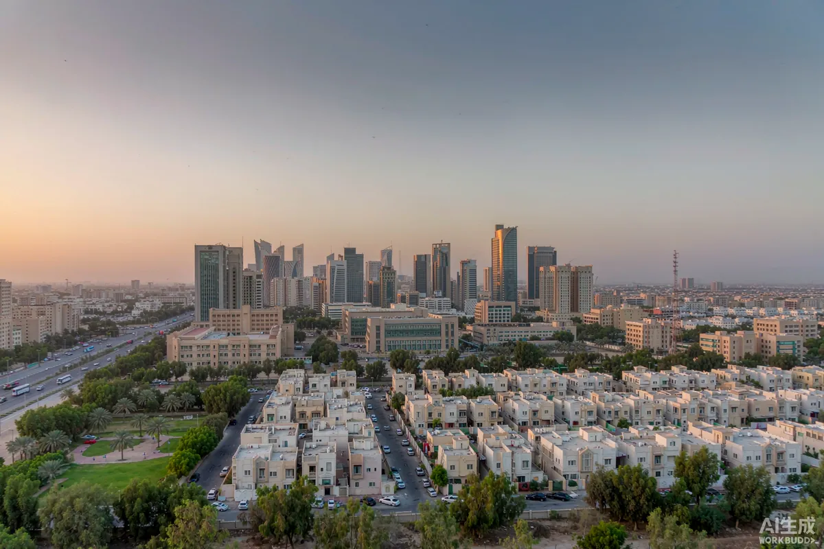Skyline of a Saudi Arabian city at dusk with modern towers and low rise villas