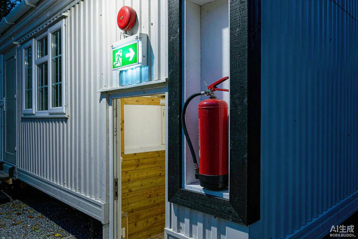 Fire extinguisher and illuminated emergency exit light fitted beside the doorway of a modular house at night