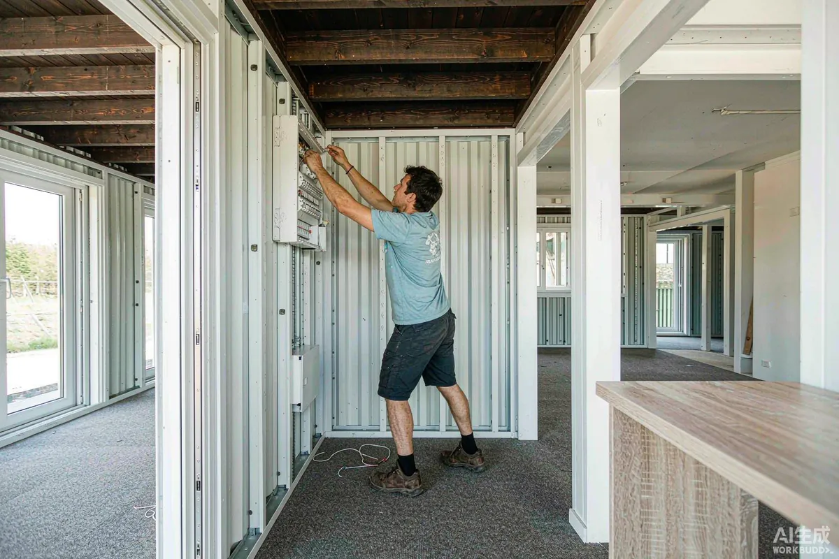 Electrician installing a distribution board with circuit breakers inside a finished prefab house