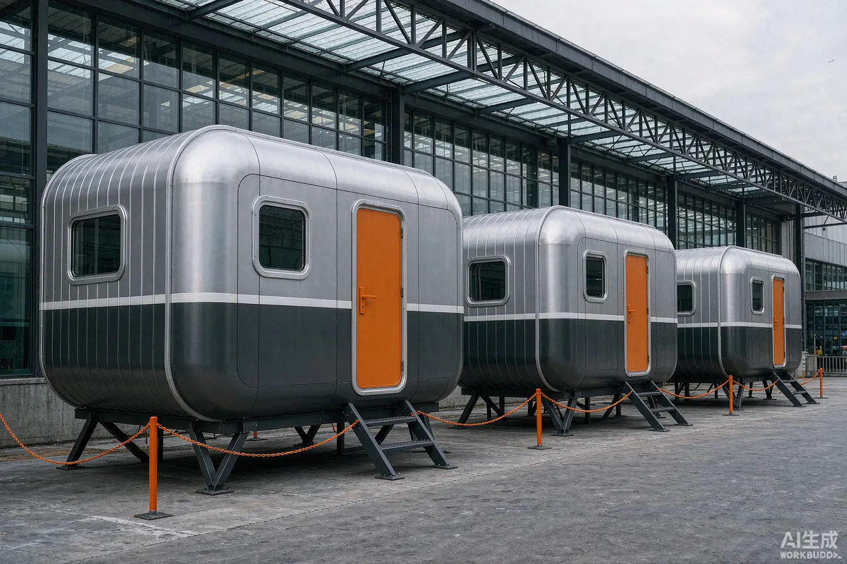 Three capsule home models of different sizes lined up on a factory yard for comparison