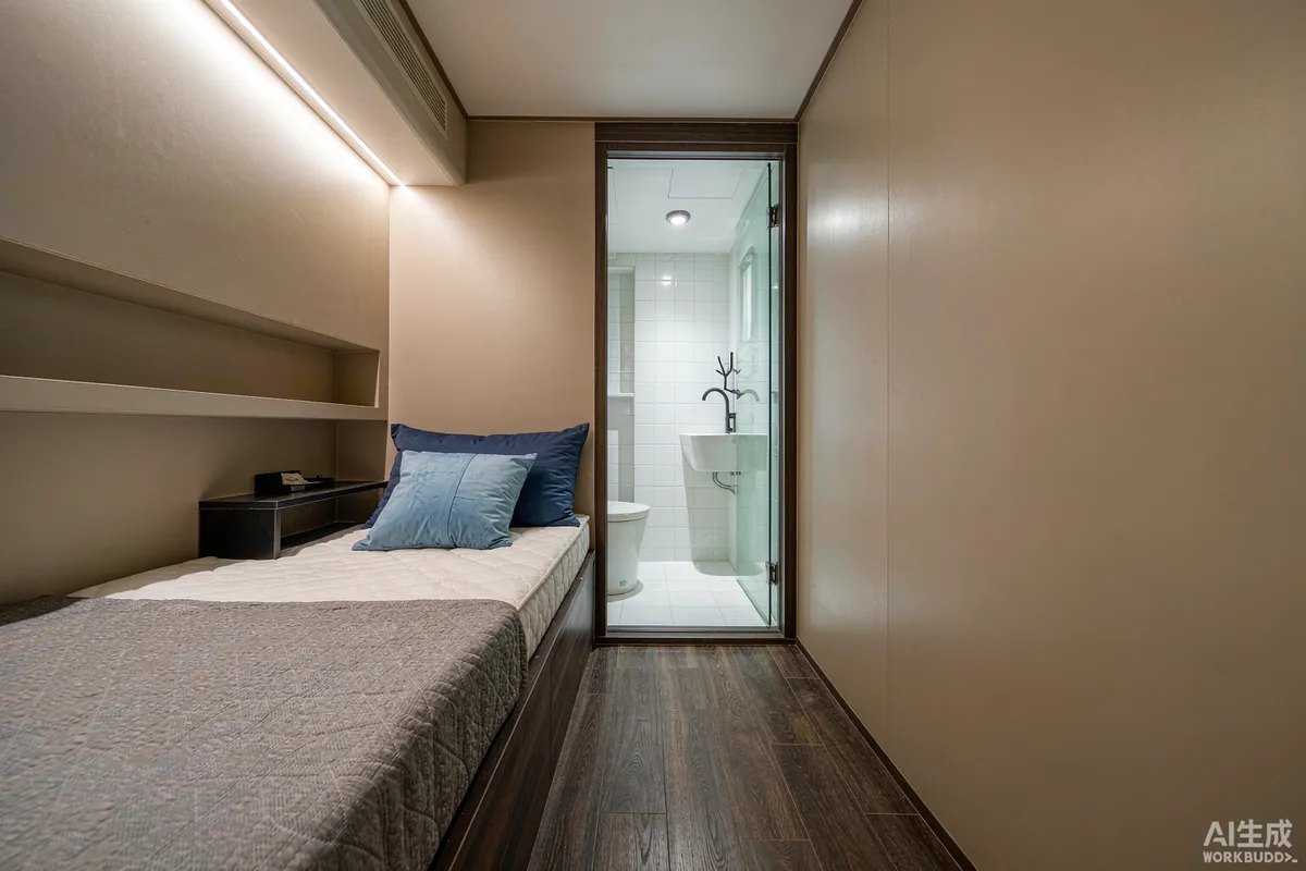 Interior of a compact capsule unit with a bed and a small wet room beyond