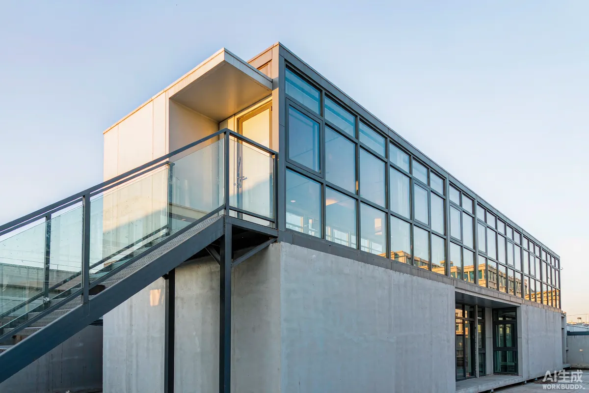 Two storey capsule unit with an external stair and glazed upper floor