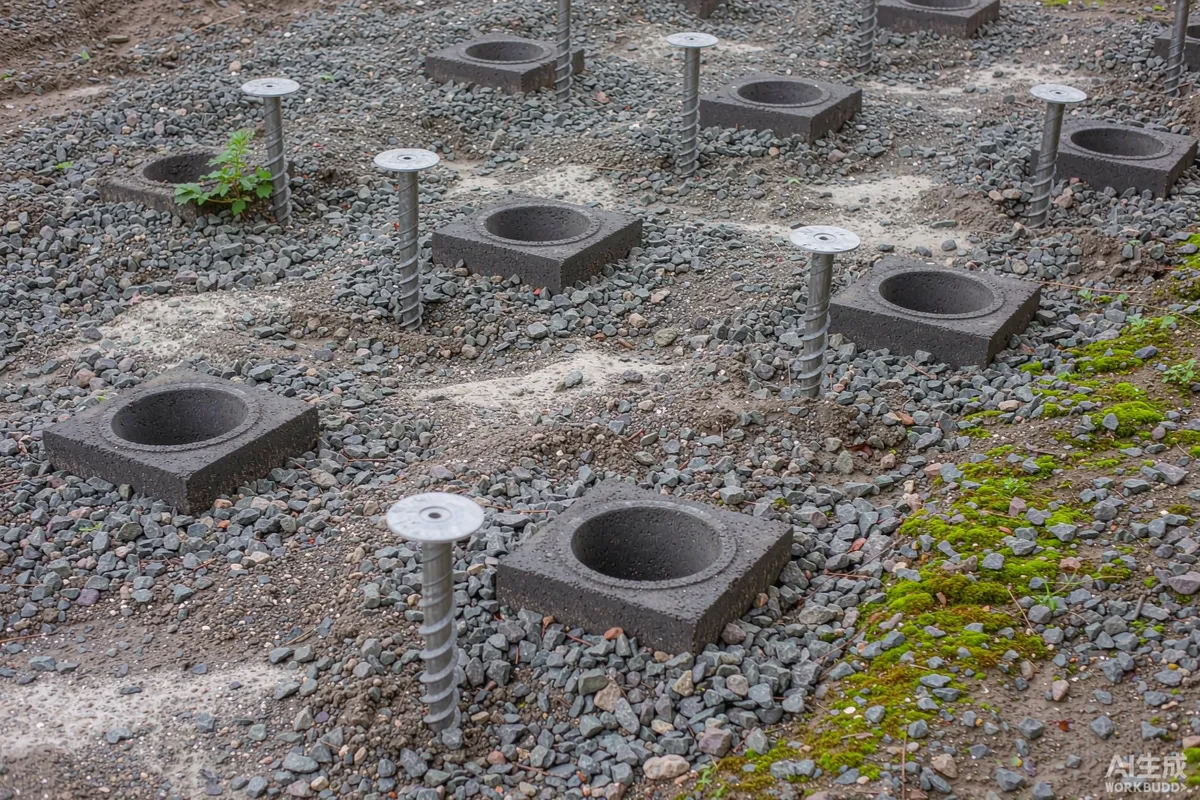 Compacted gravel pad with steel ground screws and concrete pier blocks laid out ready for a modular unit