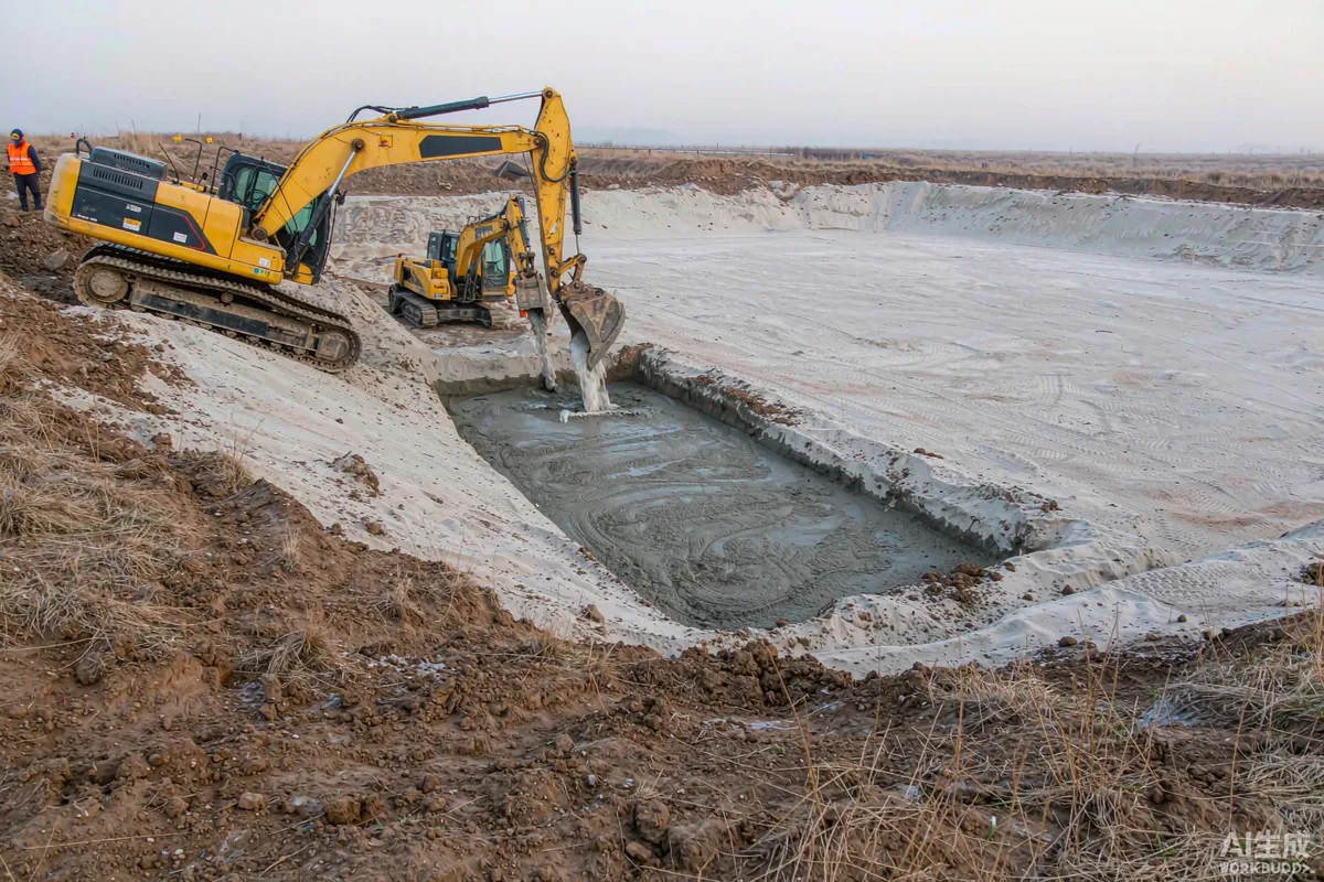 Concrete being poured into formwork for a pad foundation on a gently sloped site