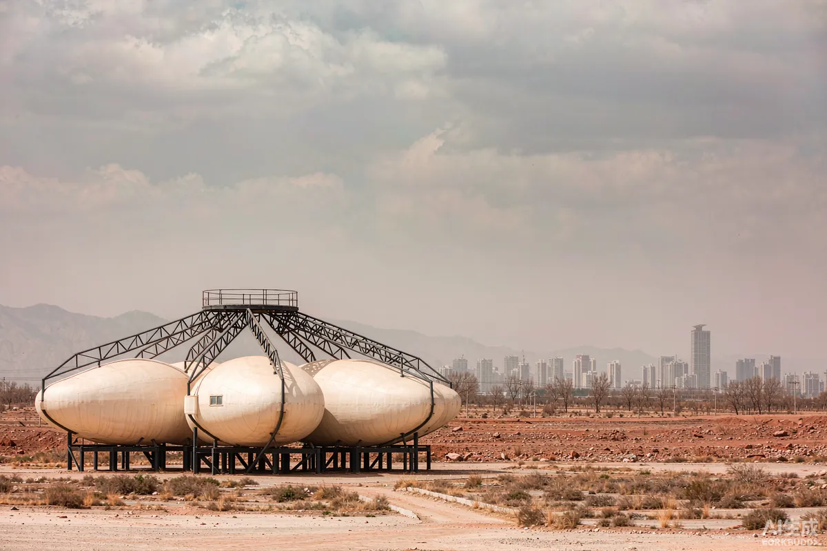Capsule dwellings on arid coastal flats near a modern Gulf city skyline