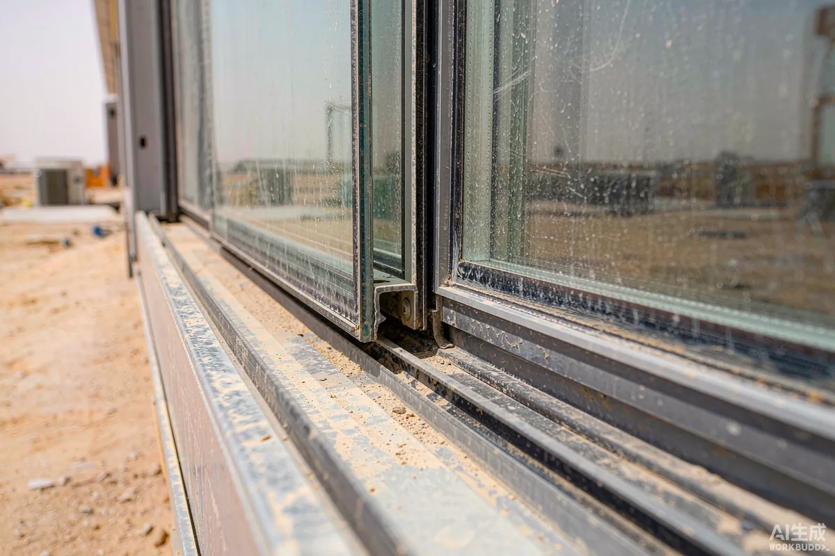 Sealed glazing detail of a prefab unit during dusty haze in a Gulf climate