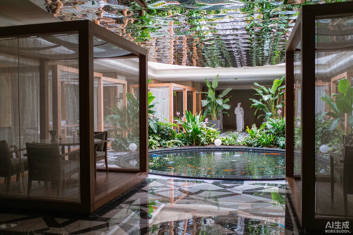 Shaded courtyard between capsule units with reflective roofing at a Gulf resort