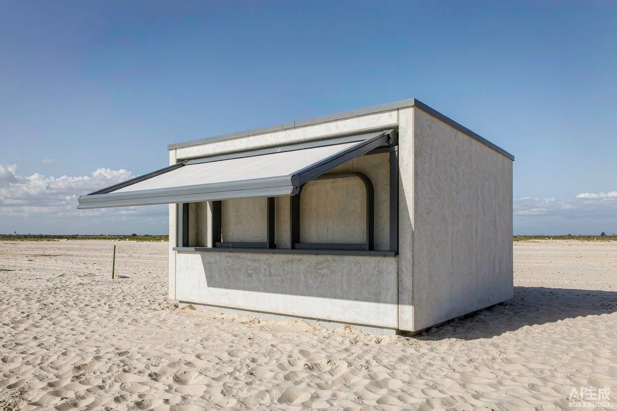 Capsule house with a deep shading canopy standing on pale desert sand under harsh midday sun