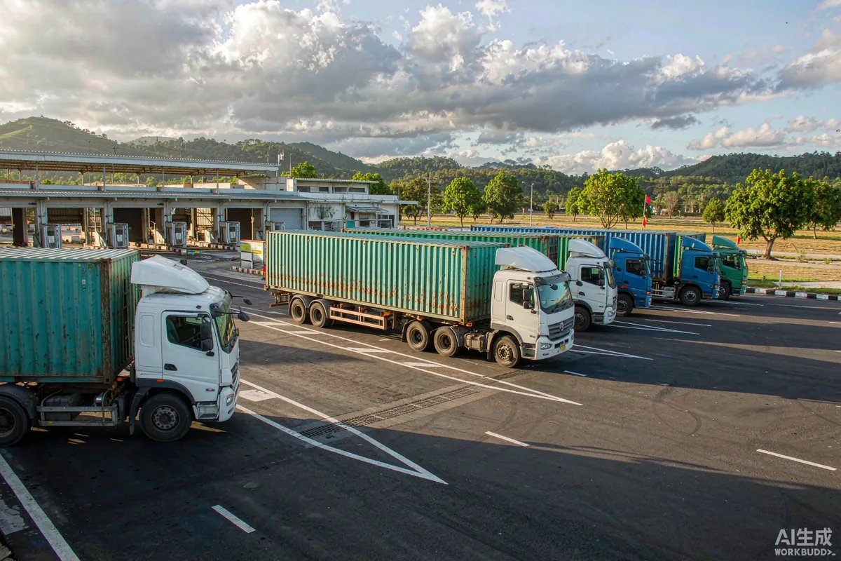 Container trucks queueing at a border customs checkpoint with inspection bays