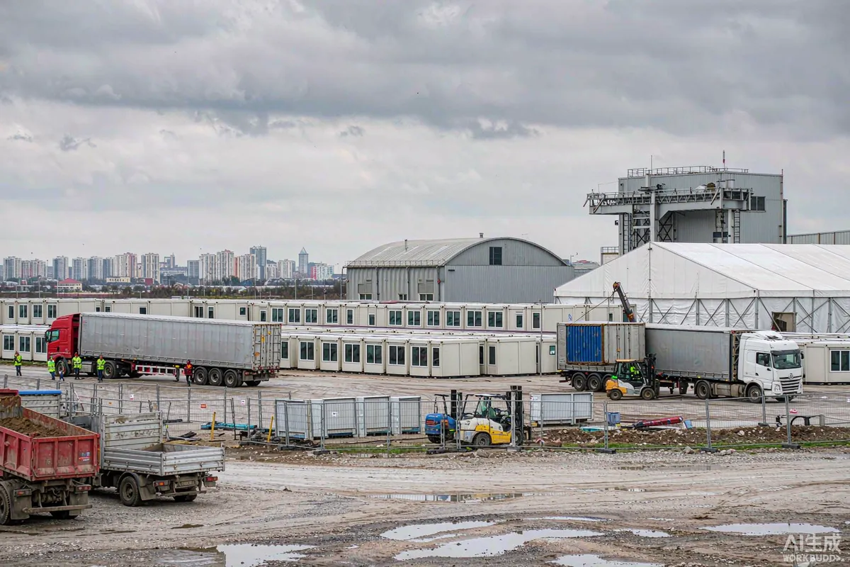 Warehouse yard where imported modular units are unloaded from trucks