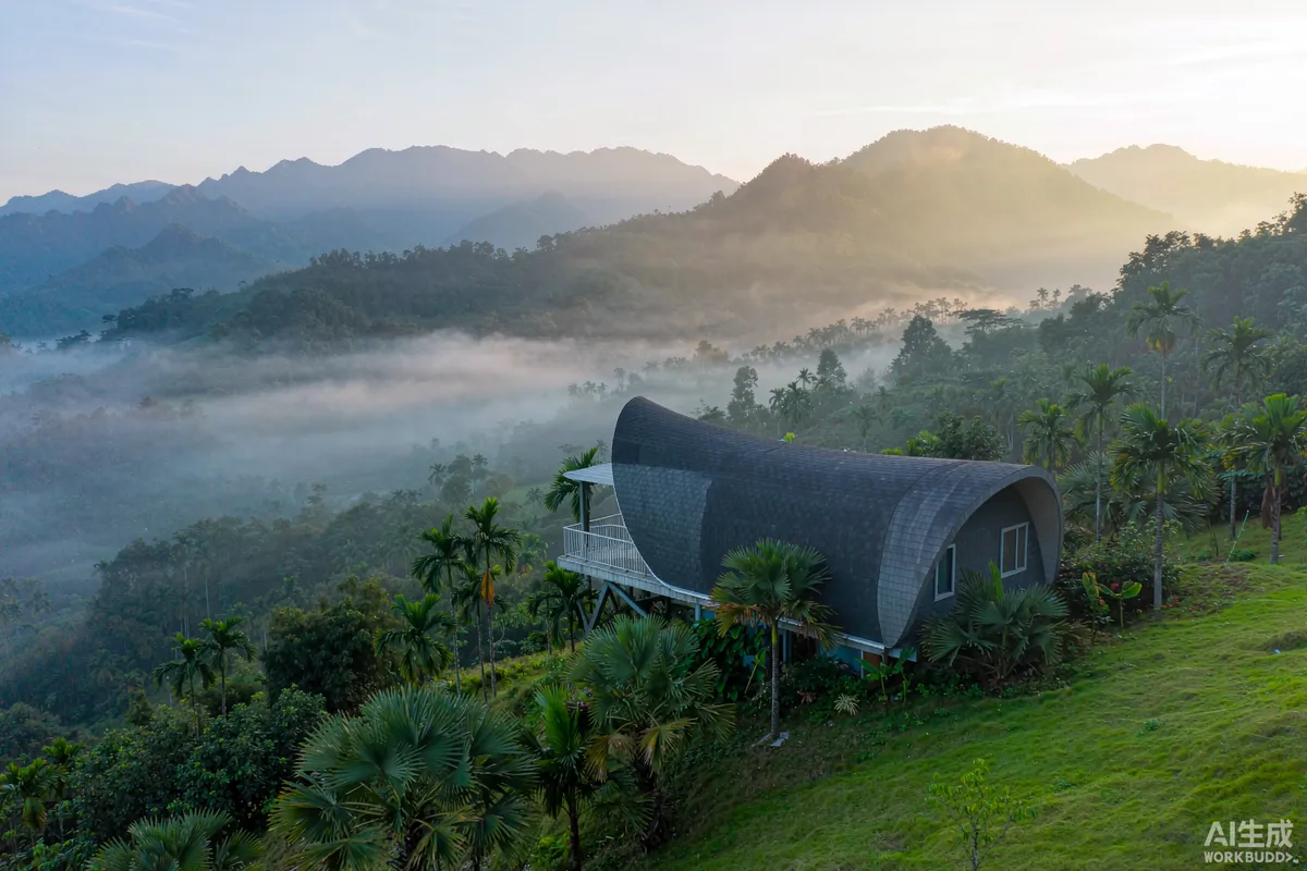 Tropical jungle photograph of a curved capsule unit on a green hillside with palms and morning mist
