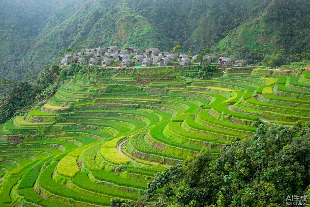 Rice terrace photograph with capsule dwellings overlooking a green terraced valley