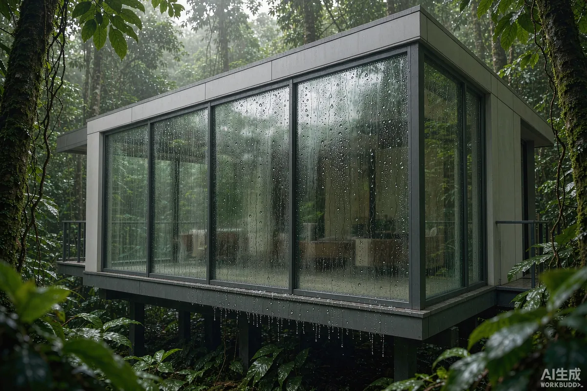 Humidity condensation droplets on panoramic glazing of a prefab unit in tropical rainforest light