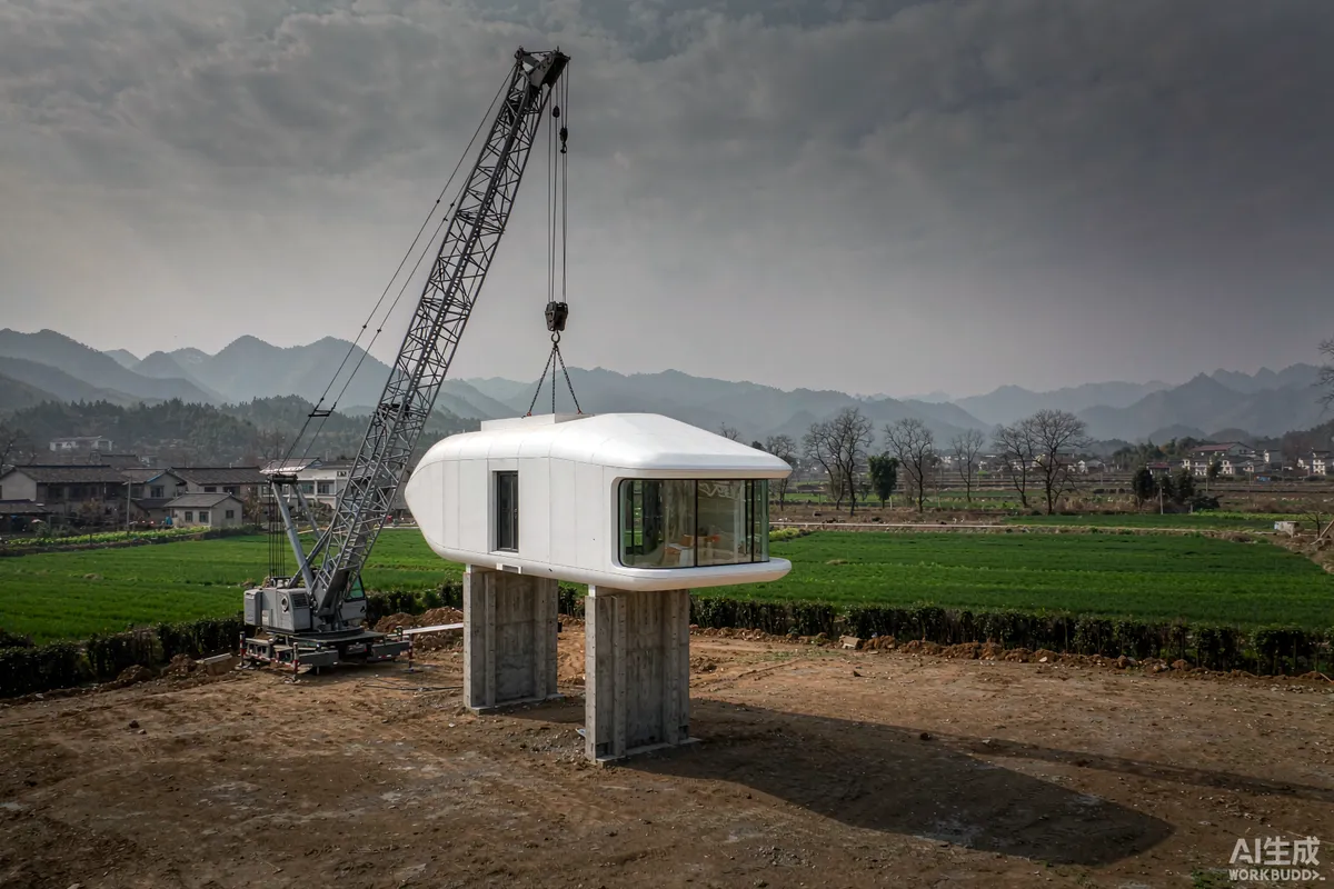 Crane lifting a prefab capsule home into position over prepared concrete piers on a rural site