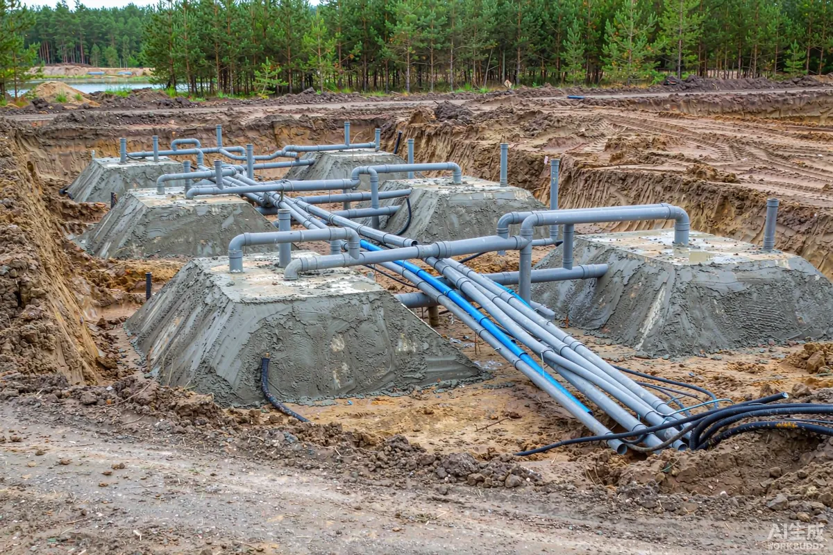 Excavated site showing foundation piers and prepared ground for a prefab unit