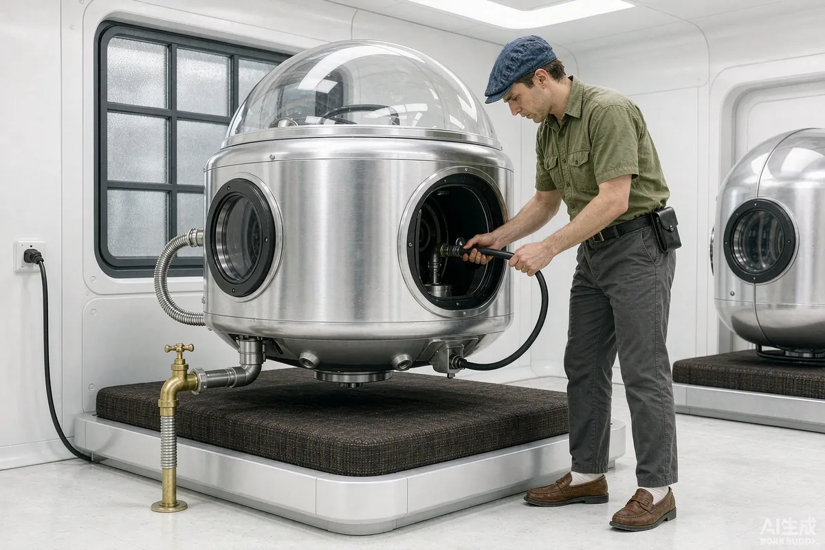 Technician connecting utility services beneath a prefab capsule unit on site