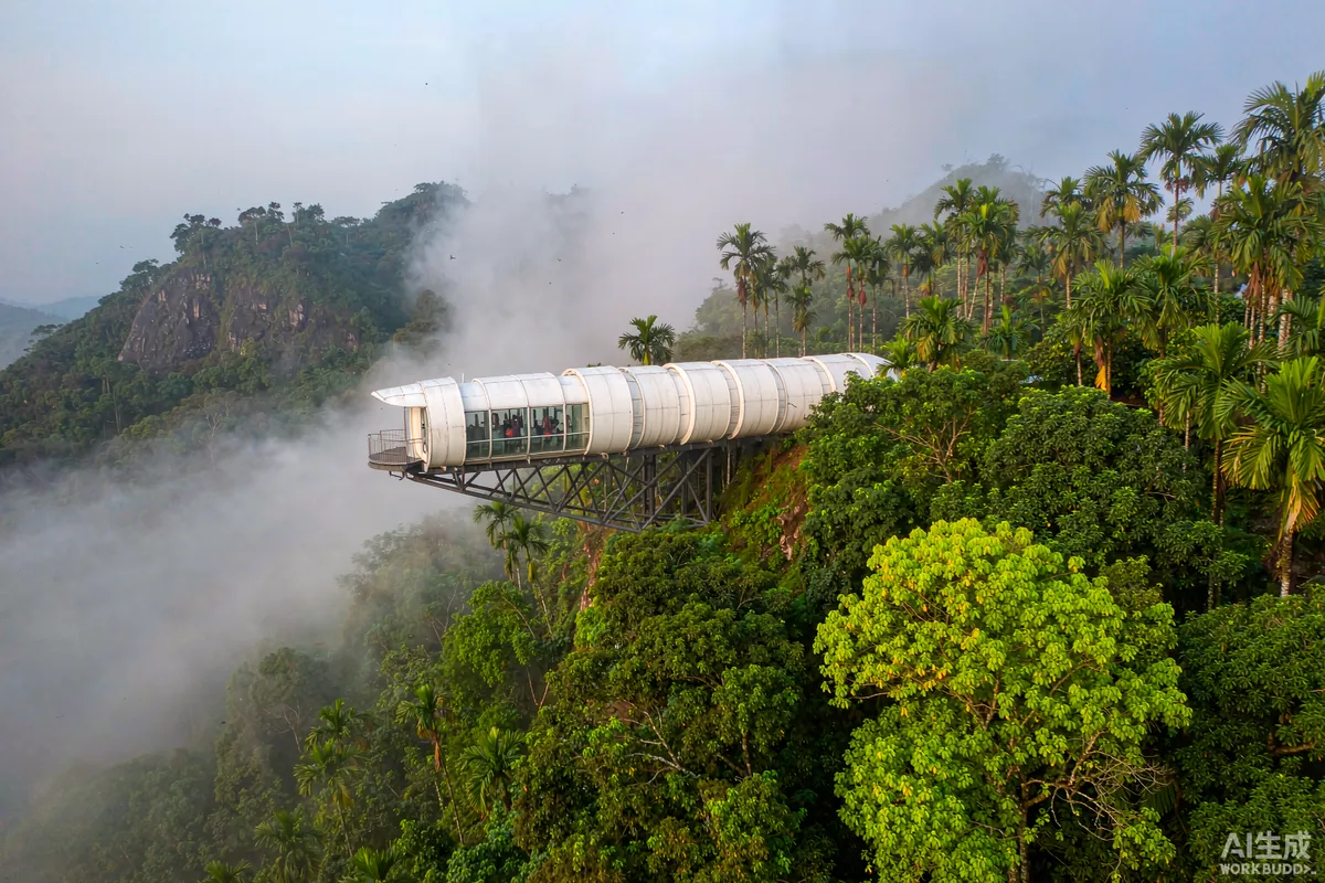 Curved capsule dwelling on a rainforest hillside above a misty valley in Malaysia