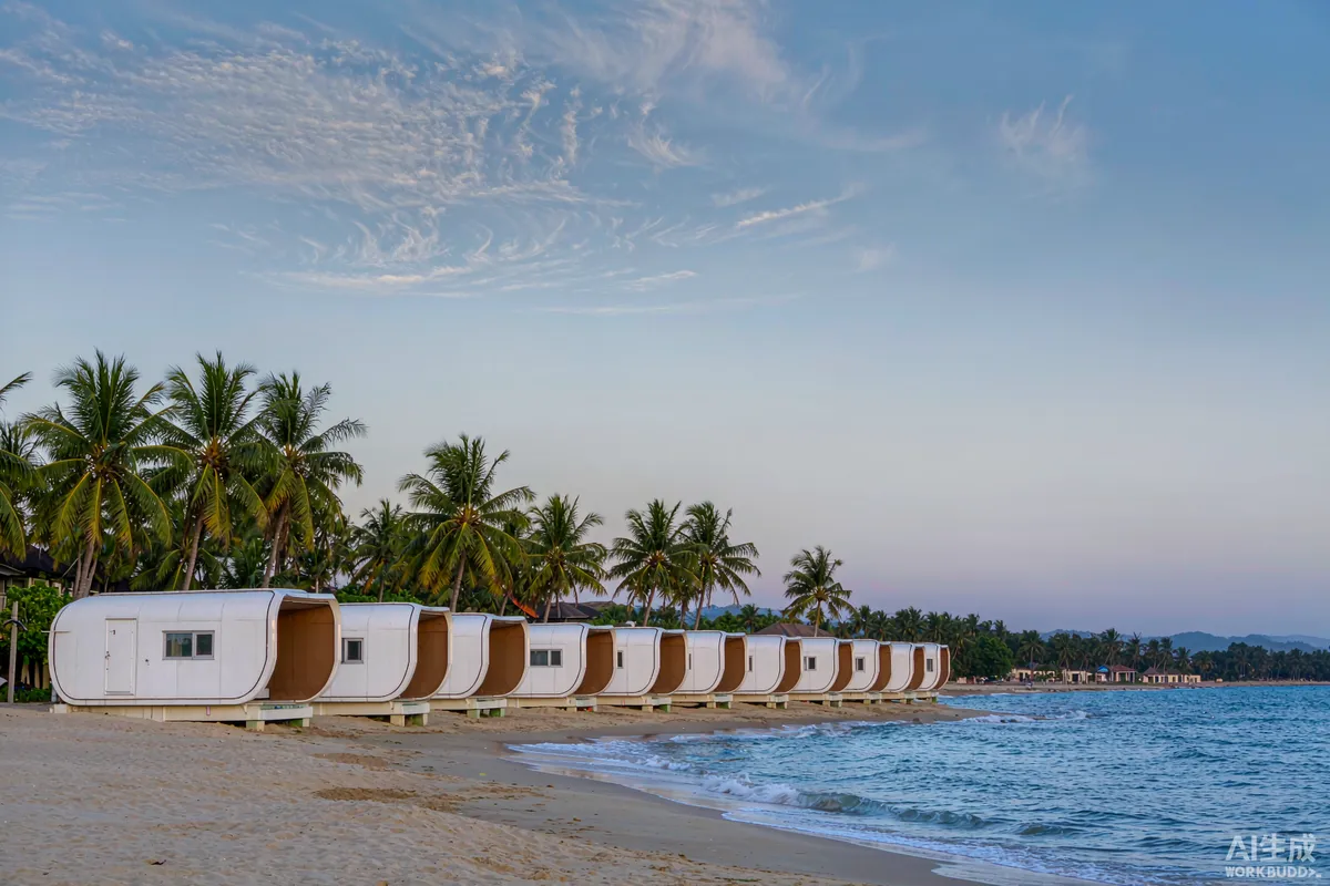 Capsule units on a sandy tropical shore with palm trees in Malaysia
