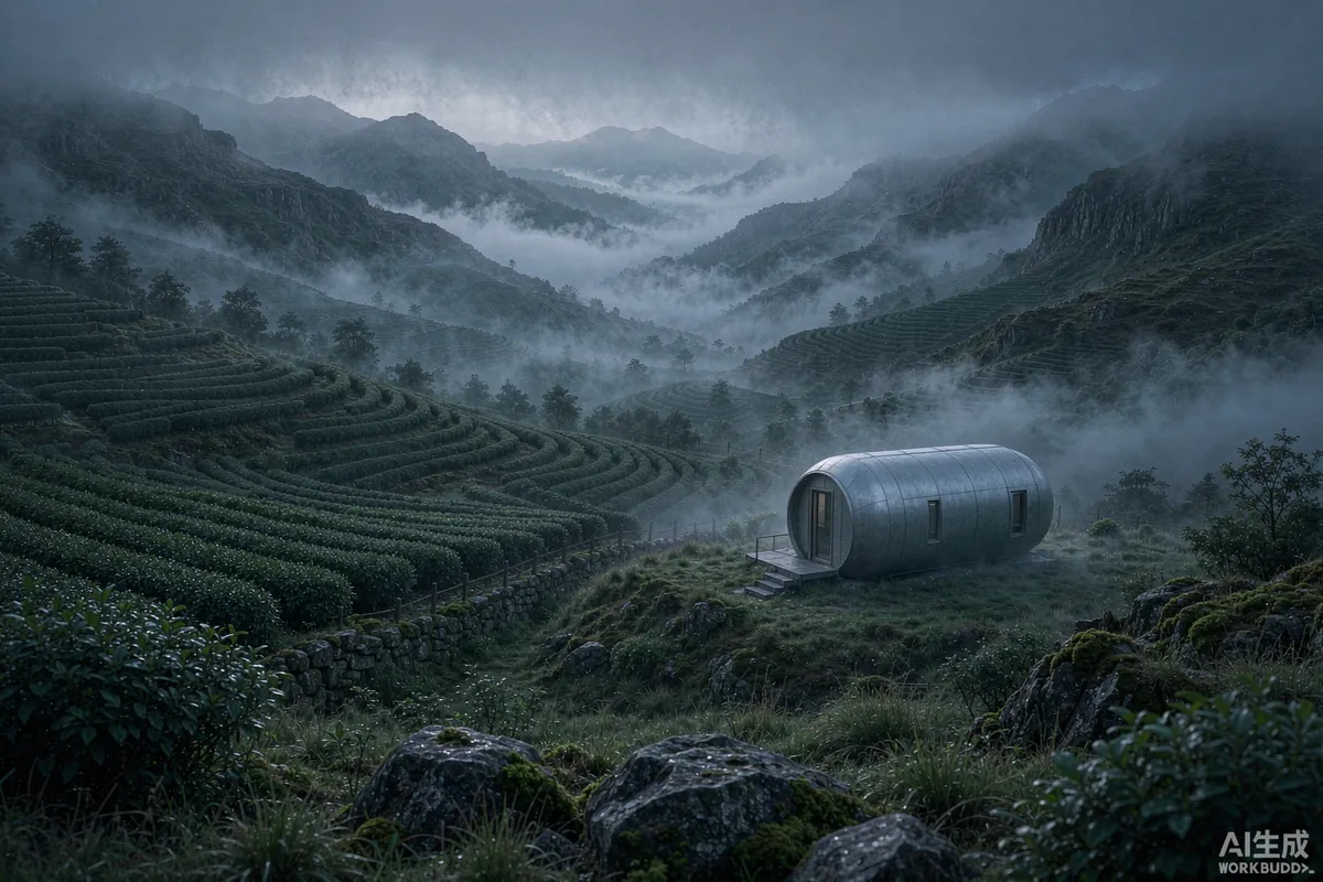 Capsule dwelling on a highland tea plantation hillside in morning fog