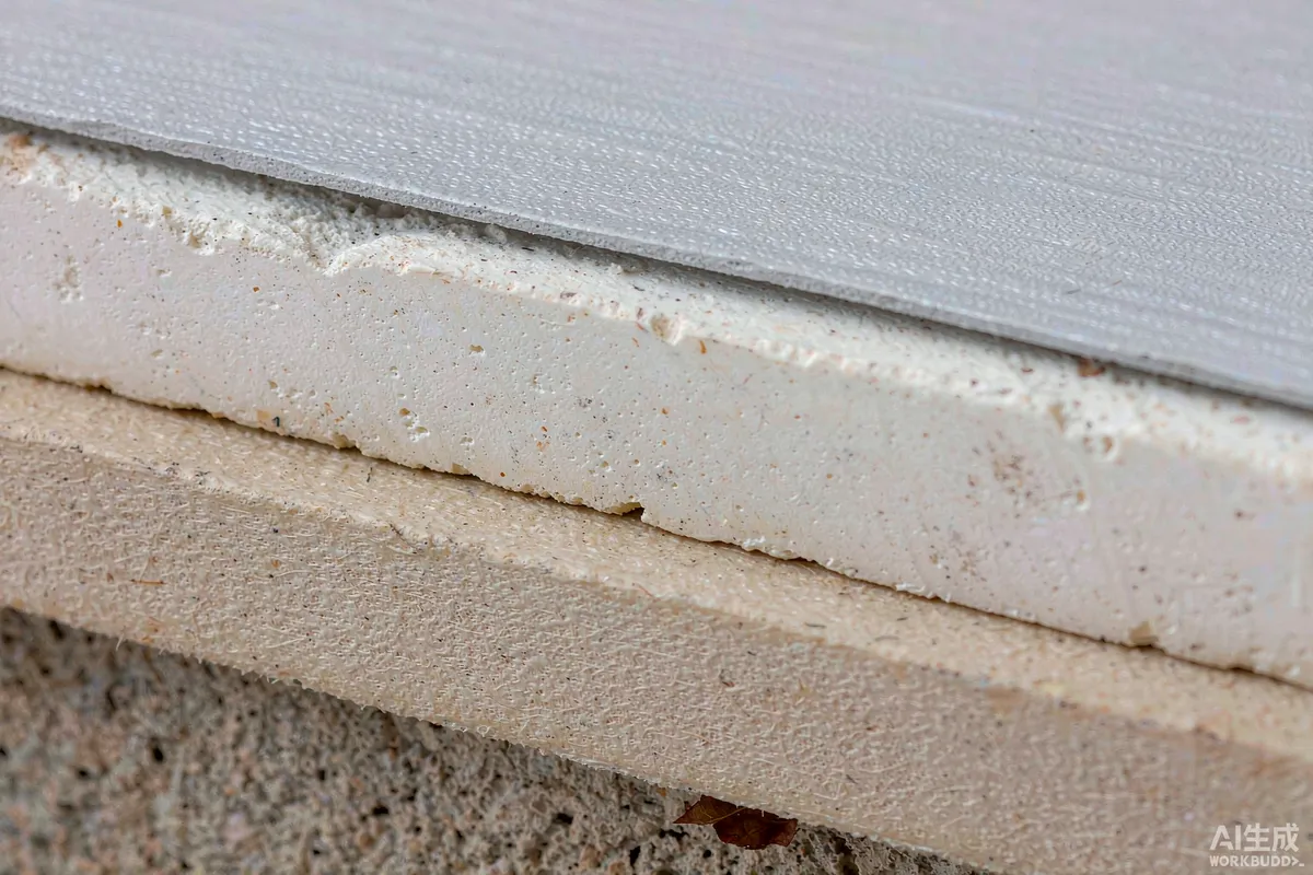 Macro photograph of a layered wall sample showing cladding, insulation core and inner lining