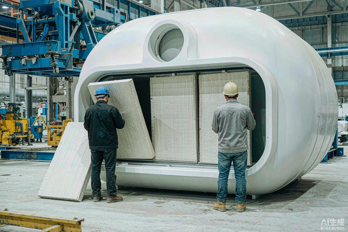 Factory photograph of insulation panels being fitted into a capsule wall cavity