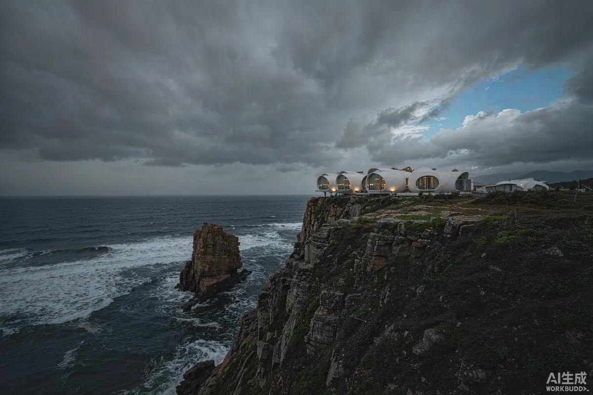 Storm season clouds over a coastal site with a capsule unit on elevated piers