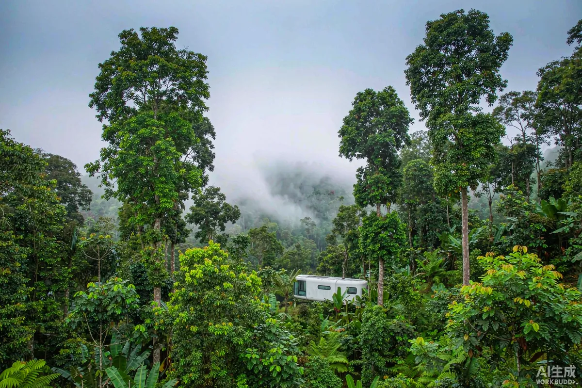 Misty Indonesian rainforest hillside with a single modern pod house set among dense tropical greenery