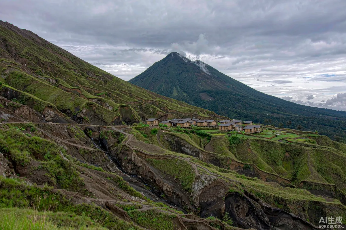 Green terraced volcanic mountain slope with scattered prefab residential units in the Java highlands