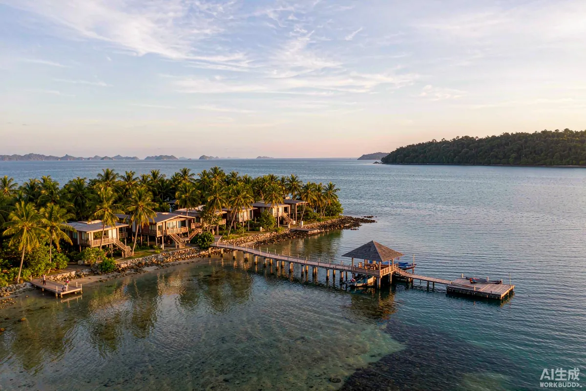 Tropical island bay with a timber jetty and several prefab resort units set back behind coconut palms