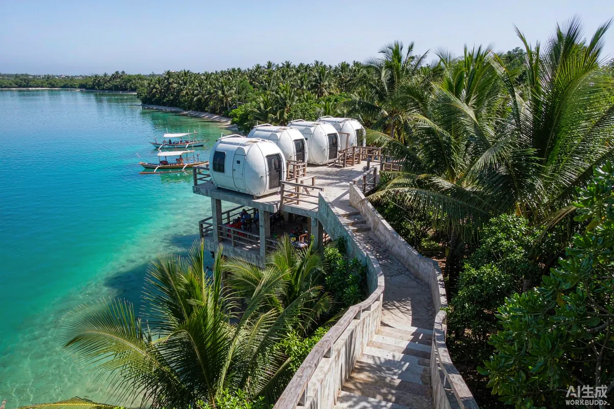 Capsule units above a turquoise bay at a Philippine island resort with outrigger boats