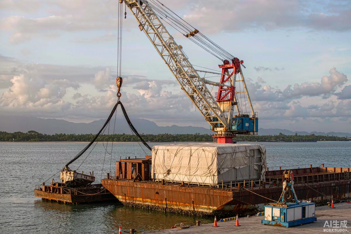 Harbour crane unloading a covered prefab unit from a vessel at a Philippine port