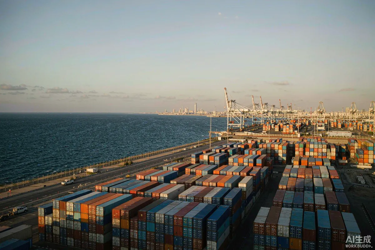 Jeddah container port with stacked shipping containers and gantry cranes on the Red Sea coast