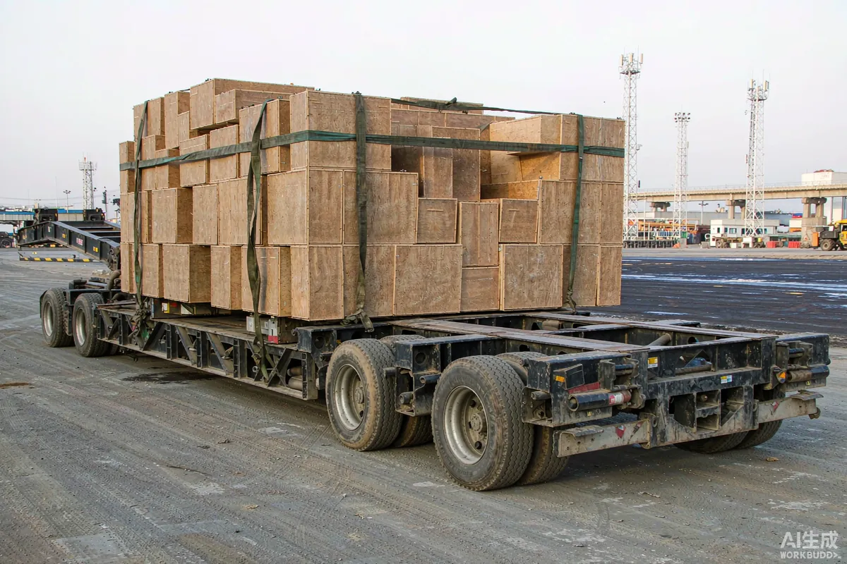Flat rack trailer loaded with a folded modular house unit secured by lashing straps in a port yard