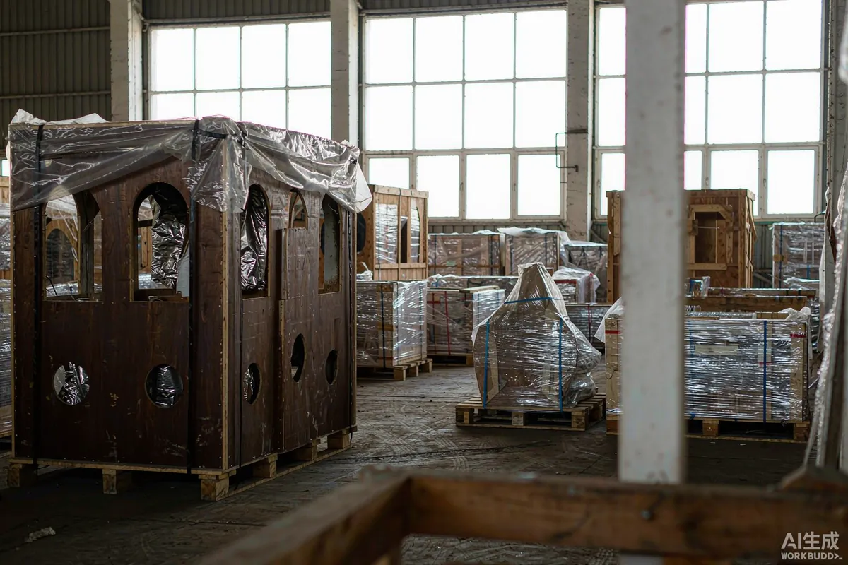 Warehouse interior with crated building components and wrapped pallets staged for export