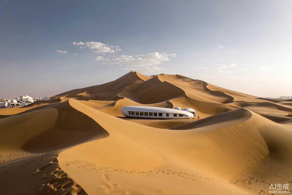Curved capsule dwelling among golden desert dunes near Dubai under a clear sky